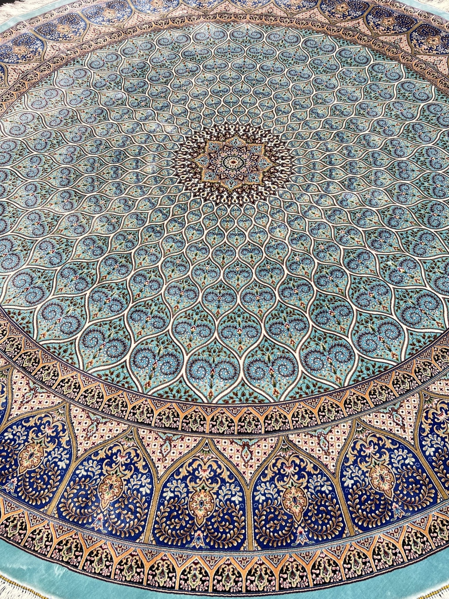 Round Blue Wave Gonbad Dome Silk Rug