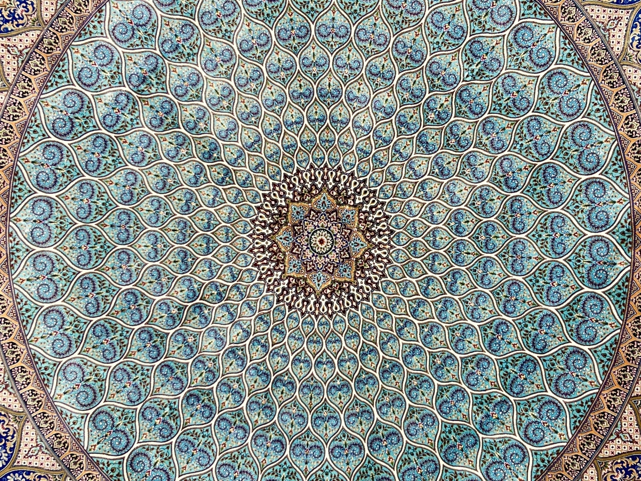 Round Blue Wave Gonbad Dome Silk Rug